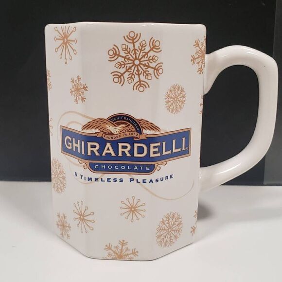 Ghirardelli Chocolate Mug Gold Snowflakes On White Houston Harvest - Picture 3 of 8
